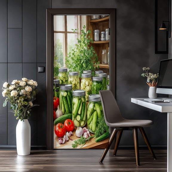 Door Stickers Peel and Stick Door Mural Glass Jars Fresh Pickles Tomatoes Herbs Pantry Removable Wallpaper 30.3''x78.7'' Self-Adhesive Mural for Kitchen Living Room Bedroom Decor