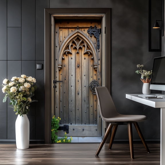 Door Stickers Peel and Stick Door Mural Gothic Wooden Doors Ornate Ironwork Arch Design Removable Wallpaper 30.3''x78.7'' Self-Adhesive Mural for Kitchen Living Room Bedroom Decor