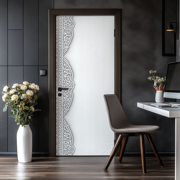 Door Stickers Peel and Stick Door Mural Islamic Arabesque Ornamental Border White Lace Removable Wallpaper 30.3''x78.7'' Self-Adhesive Mural for Kitchen Living Room Bedroom Decor