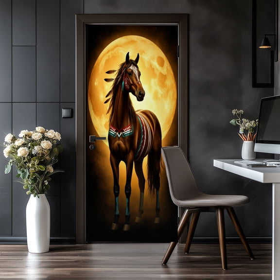 Door Stickers Peel and Stick Door Mural Majestic Brown Horse Tribal Paint Feathers Tribal Removable Wallpaper 30.3''x78.7'' Self-Adhesive Mural for Kitchen Living Room Bedroom Decor