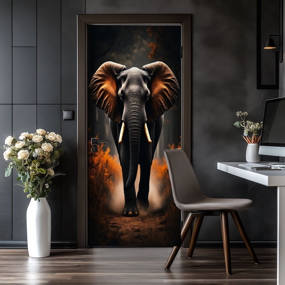Door Stickers Peel and Stick&nbsp;Door Mural Majestic Elephant Forest Fiery Autumn Wildlife Removable Wallpaper 30.3''x78.7'' Self-Adhesive Mural for Kitchen&nbsp;Living Room&nbsp;Bedroom Decor