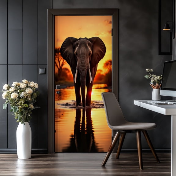 Door Stickers Peel and Stick&nbsp;Door Mural Majestic Elephant Walking Water Sunset African Removable Wallpaper 30.3''x78.7'' Self-Adhesive Mural for Kitchen&nbsp;Living Room&nbsp;Bedroom Decor