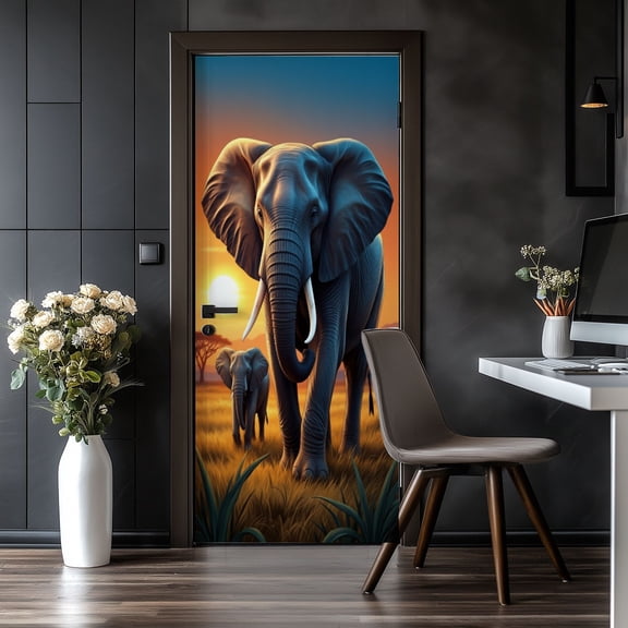 Door Stickers Peel and Stick&nbsp;Door Mural Majestic Elephants Walking Golden Sunset African Removable Wallpaper 30.3''x78.7'' Self-Adhesive Mural for Kitchen&nbsp;Living Room&nbsp;Bedroom Decor