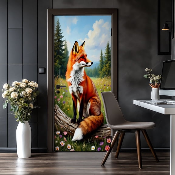 Door Stickers Peel and Stick Door Mural Majestic Fox Vibrant Wildflower Meadow Tall Trees Removable Wallpaper 30.3''x78.7'' Self-Adhesive Mural for Kitchen Living Room Bedroom Decor