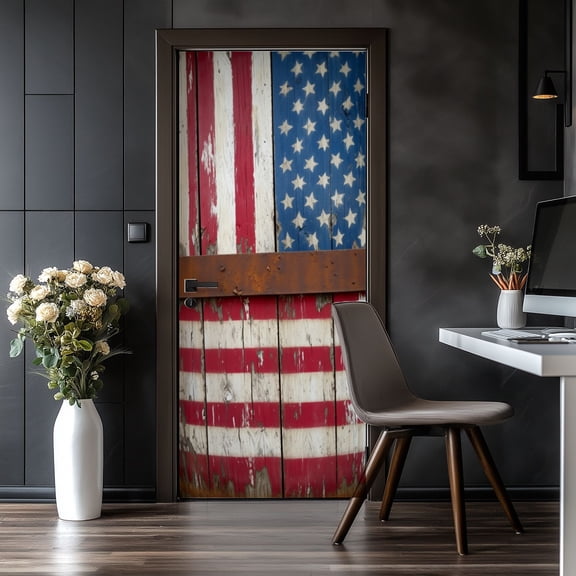 Door Stickers Peel and Stick Door Mural Rustic American Flag Weathered Wooden Vintage Removable Wallpaper 30.3''x78.7'' Self-Adhesive Mural for Kitchen Living Room Bedroom Decor