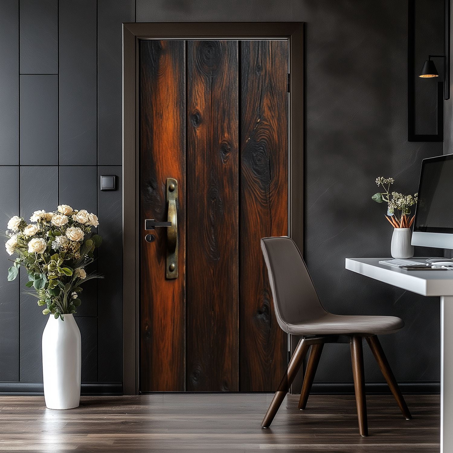 Door Stickers Peel and Stick Door Mural Rustic Dark Wooden Panels Vintage Brass Rustic Removable Wallpaper 30.3''x78.7'' Self-Adhesive Mural for Kitchen Living Room Bedroom Decor