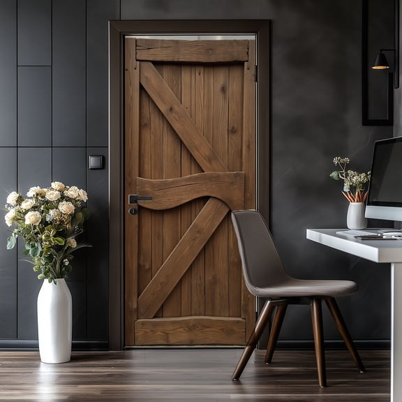 Door Stickers Peel and Stick Door Mural Rustic Wooden Barn Doors Diagonal Bracing Natural Removable Wallpaper 30.3''x78.7'' Self-Adhesive Mural for Kitchen Living Room Bedroom Decor