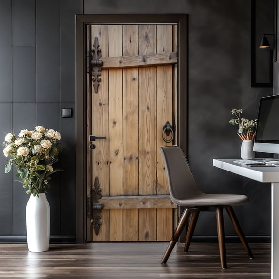 Door Stickers Peel and Stick Door Mural Rustic Wooden Doors Rustic Iron Hinges Ring Removable Wallpaper 30.3''x78.7'' Self-Adhesive Mural for Kitchen Living Room Bedroom Decor