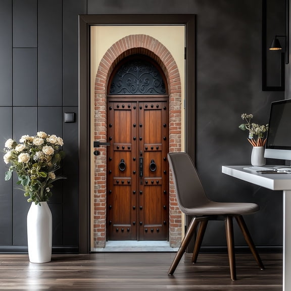 Door Stickers Peel and Stick Door Mural Rustic Wooden Double Doors Black Iron Studs Wrought Removable Wallpaper 30.3''x78.7'' Self-Adhesive Mural for Kitchen Living Room Bedroom Decor