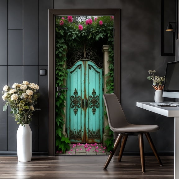 Door Stickers Peel and Stick&nbsp;Door Mural Turquoise Vintage Garden Gate Pink Roses Ivy Covered Removable Wallpaper 30.3''x78.7'' Self-Adhesive Mural for Kitchen&nbsp;Living Room&nbsp;Bedroom Decor