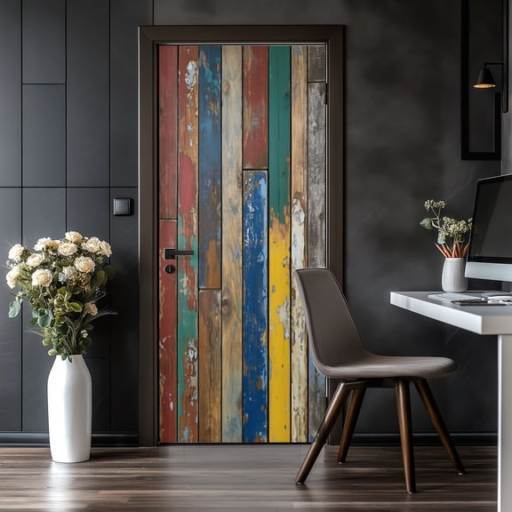 Door Stickers Peel and Stick Door Mural Weathered Colorful Wooden Planks Rustic Peeling Removable Wallpaper 30.3''x78.7'' Self-Adhesive Mural for Kitchen Living Room Bedroom Decor