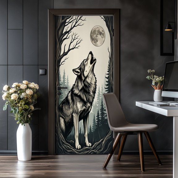 Door Stickers Peel and Stick Door Mural Wolf Howling Full Moon Mystical Forest Scene Removable Wallpaper 30.3''x78.7'' Self-Adhesive Mural for Kitchen Living Room Bedroom Decor