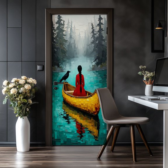 Door Stickers Peel and Stick Door Mural Woman Red Dress Sitting Yellow Canoe Misty Forest Removable Wallpaper 30.3''x78.7'' Self-Adhesive Mural for Kitchen Living Room Bedroom Decor