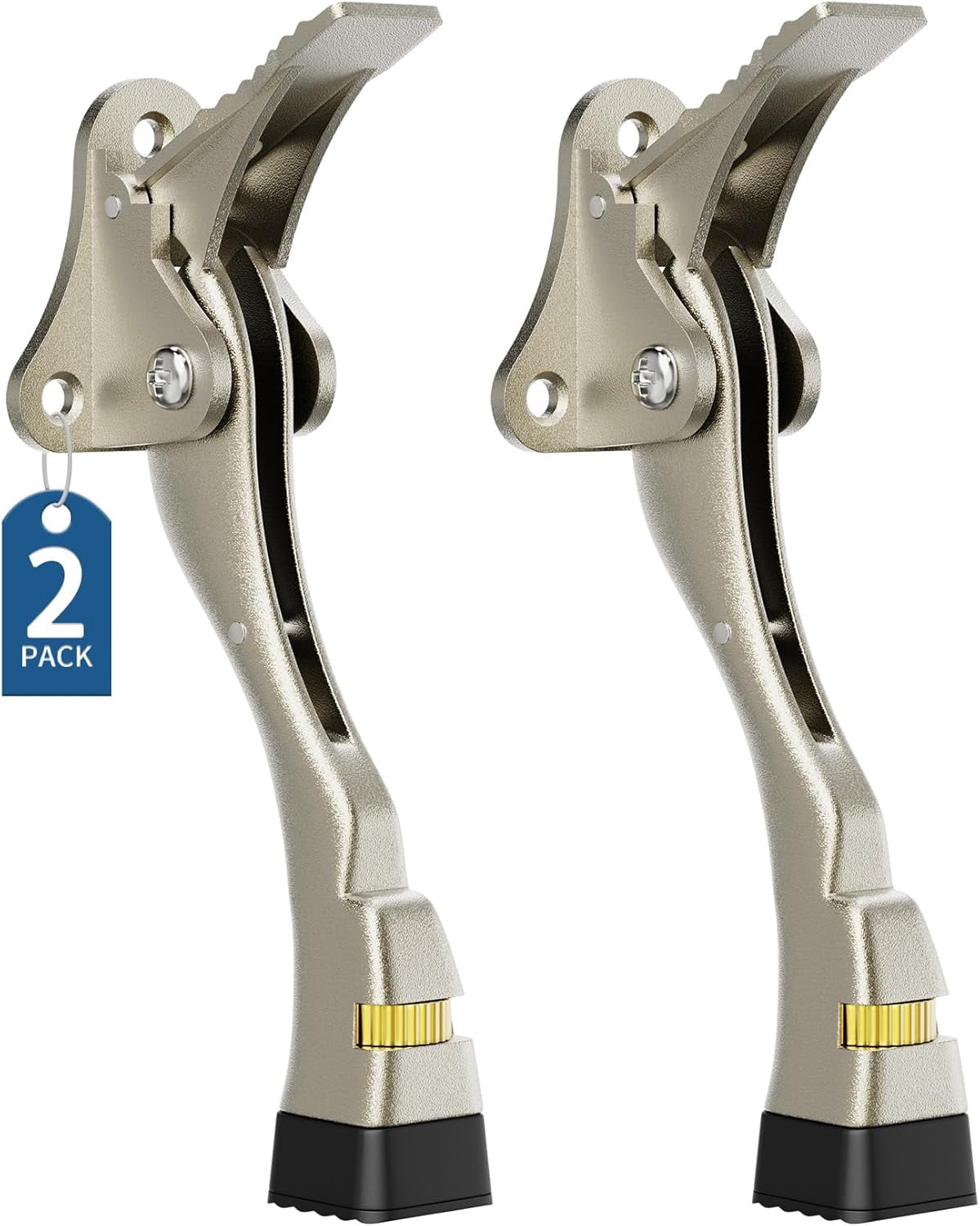 Door Stopper, 2 Packs Kickdown Door Stop with One Touch Adjustable Height and Rubber Tip 4 Inches, Heavy Duty Door Stops, Door Holder, Bottom of Door - Satin Nickel