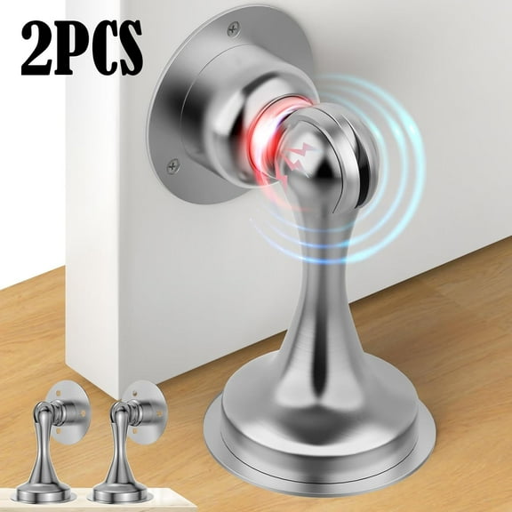 Door Stoppers, Magnetic Door Stop 2 Pack Adhesive Stick & Screws Stainless Steel, Door Stop Holder to Keep Door Open Wall & Floor Mount, Magnetic Door Catch Stoppers for Bottom of Door, Silver