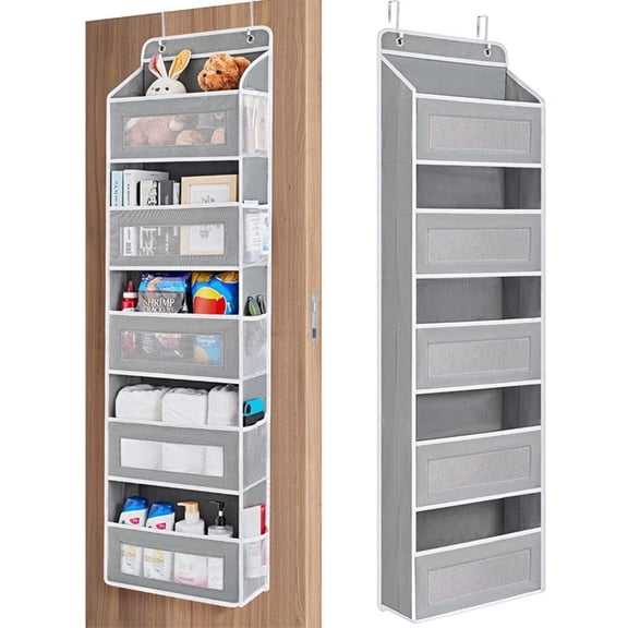 Over The Door Storage - 5 Shelf Behind Door Hanging Organizer with 5 Clear View Pockets, Secure Anti-Tilt System Holds 55lbs - Space Saving Organizer for Bedroom, Bathroom, Closet (Light gray)