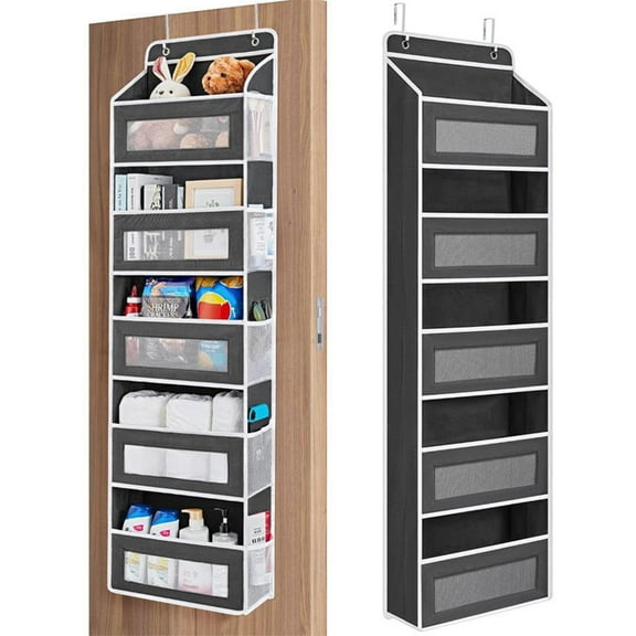 Over The Door Storage - 5 Shelf Behind Door Hanging Organizer with 5 Clear View Pockets, Secure Anti-Tilt System Holds 55lbs - Space Saving Organizer for Bedroom, Bathroom, Closet, Pantry (Black)