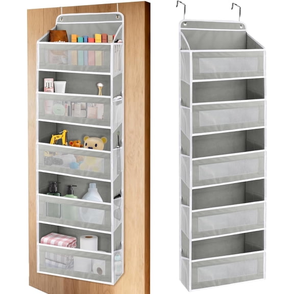 Over The Door Storage Organizer with 5 Pockets & Side Mesh Pouches, Closet Door Organizer for Bedroom, Storage, Anti-Tilt Design, Fits 1.6" Doors-Gray