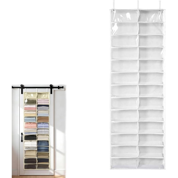 Over The Door Sweatshirt Organizer, Hoodie Organizer For Closet, 26-Pocket Hanging Clear Door Shoe Organizers, Portable Hoodie Storage Organizers - Large 63" x 22" Foldable (White)