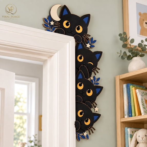 Door Topper Black Cat Peeking Cat Design Wooden Door Frame Decor ...