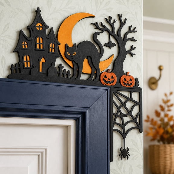 Door Topper Sign Halloween Black Cat Wood Front Door Corner Fall Home Decor