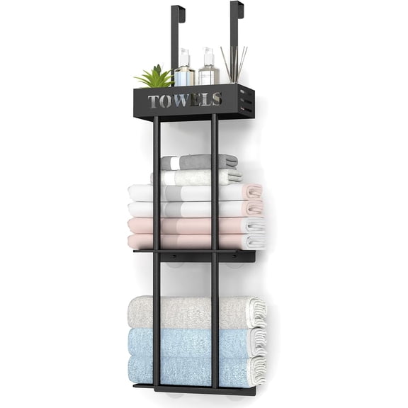 Over The Door Towel Rack, 3 Tier Hanging Towel Rack for Bathroom Stainless Steel, Over Door & Wall Mounted Towel Holder with Shelf Basket, Towel Storage for Small Bathroom, Black