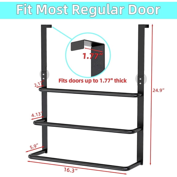 Over The Door Towel Rack, 304 Stainless Steel Towel Rack, 3 Tier Towel Bar for Hanging Towels, 16 Inch Over Door Towel Storage Holder for Bathroom, Matte Black