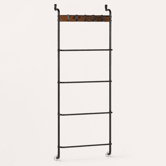 Over The Door Towel Rack Bathroom Behind Door Towel Holder with Hooks 5 Tier Over The Door Towel Bar Hanger Organizer for Bathroom Bedroom Bathroom Accessories, Metal (Black)