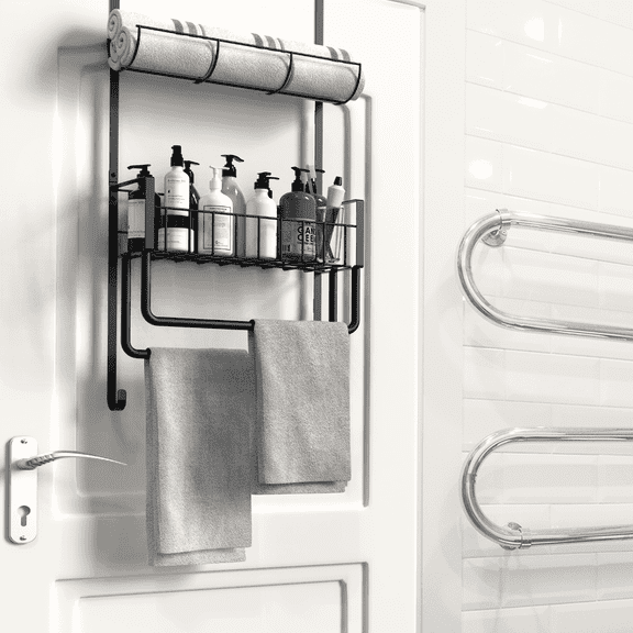 BTY over The Door Towel Rack for Bathroom - 4-Tier Organizer with Hooks & Storage Basket, Space-Saving Door Hanger for Bath, Bedroom - Black