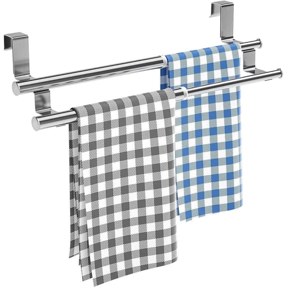 Stainless Steel Over The Door Towel Rack, Bexikou Retractable Double Bar Towel Holder, Telescopic Dish Towel Shelf for Bathroom Cabinet Cupboard