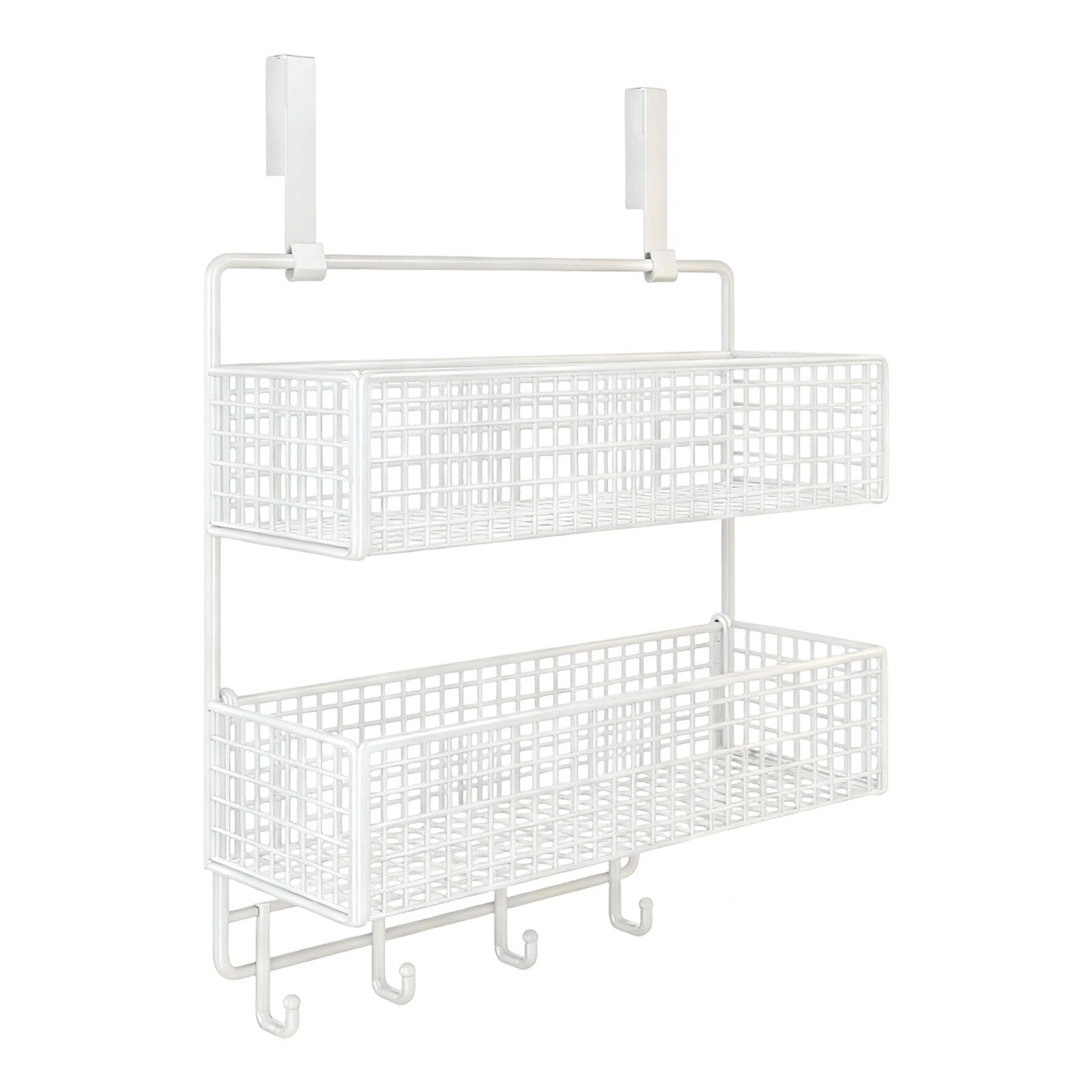 Over The Door Two Tier Storage Basket Organizer with Hooks, Space-Saving Hanging Shelf for Bathroom, Kitchen, Pantry, Tool-Free Setup, Large Capacity for Toiletries, Snacks and Daily Essentials