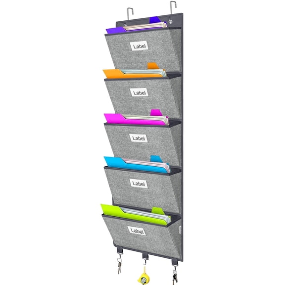 Over the Door Wall File Organizer, Hanging File Folders Organizer with 5 Large Pockets for Office and Back to School Supplies, Papers, Charts, Mails, Magazine Storage and Organization