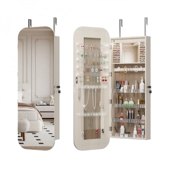 Door/Wall Mounted Jewelry Cabinet Armoire with Full Length Mirror Lockable Interior Lighted Mirror Irregular Design HD Silver Mirror Jewelry Organizer White MDF