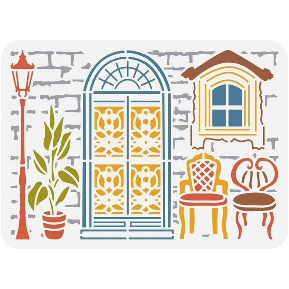 Door and Window Stencil for Painting 8.3x11.7inch Large Street Light Painting Stencil Reusable Chairs Plant Drawing Template Vintage Wall Stencil Daily Theme Template for DIY Crafts White