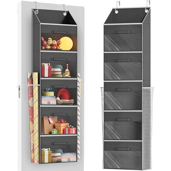 Over Door Wrapping Paper Organizer Storage with 5 Removable Drawers & 2 Large Side Pockets for Gift Wrap Rolls Wrap Storage for Ribbons, Bows, Ornaments and Tools