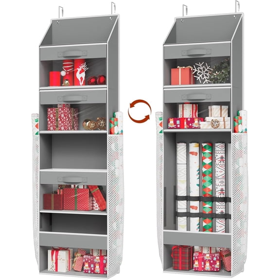 Over Door Wrapping Paper Organizer Storage, Space-Saving Hanging Gift Wrap Storage with Side Pockets, 3 Removable Drawers, Elastic Straps, Dual Use Design for Ribbons, Ornaments, Wrapping Tools