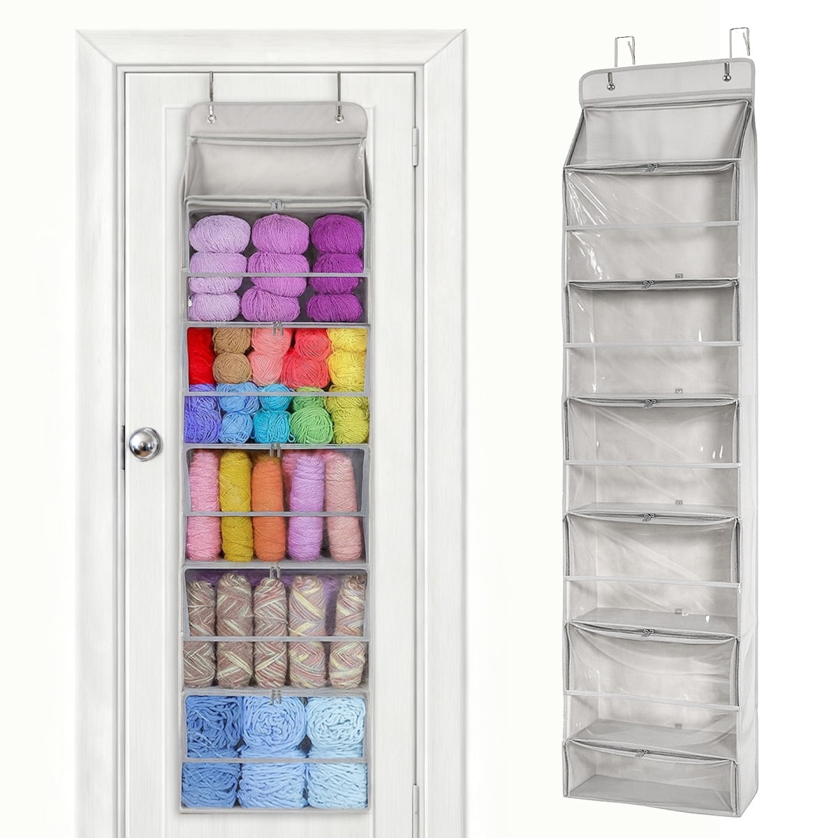Over the Door Yarn Storage Organizer with 6 Large Clear Pockets, Hanging Wall Mount Knitting & Crochet Supplies Holder for Craft Room, Closet, Door - Space Saving Yarn Skein Organizer (Grey)
