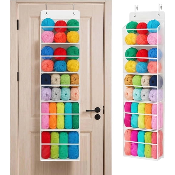 Door Yarn Storage Organizer, Knitting and Crochet Organizer Yarn Ball Storage with 5 Clear Plastic Pockets & 2 Big Metal Hooks for Knitting , Crochet Hooks, Yarn Balls, UN0826