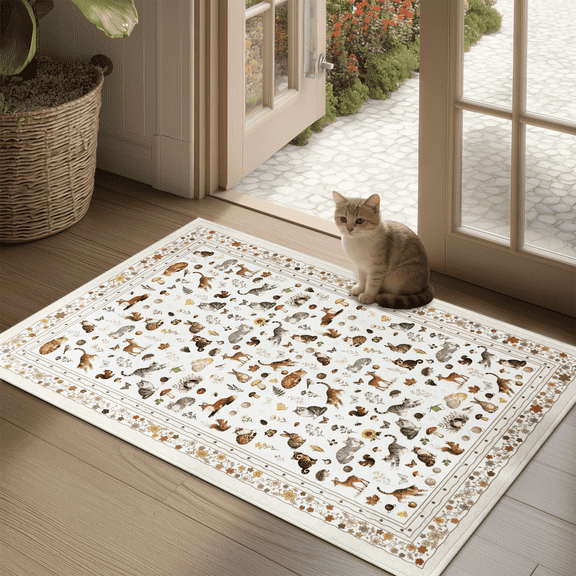 Door mat Indoor Entrance 2'x3' Cute Cat, Woodland Animal and Floral Design Machine Washable Area Rug Non-Slip Low Pile Throw Rugs for Entryway Kitchen bedroom bathroom Indoor Entrance White