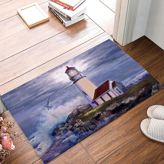 Door mat Non-Slip Doormat Absorbent Welcome Mat Vintage Lighthouse Beach Painting Front Door Mat Dirtproof Durable Floor Mat for Entrance,Indoor,Entry Decoration 17x30 Inch.