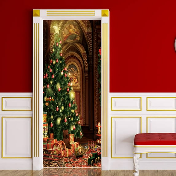 Door sticker, Refrigerator stickers Self-adhesive removable Christmas Door Cover Decorations House Door Banner for Front Door Decor Winter Holiday max Eve Home Party Decoration Supplies,SPZ-F1440a