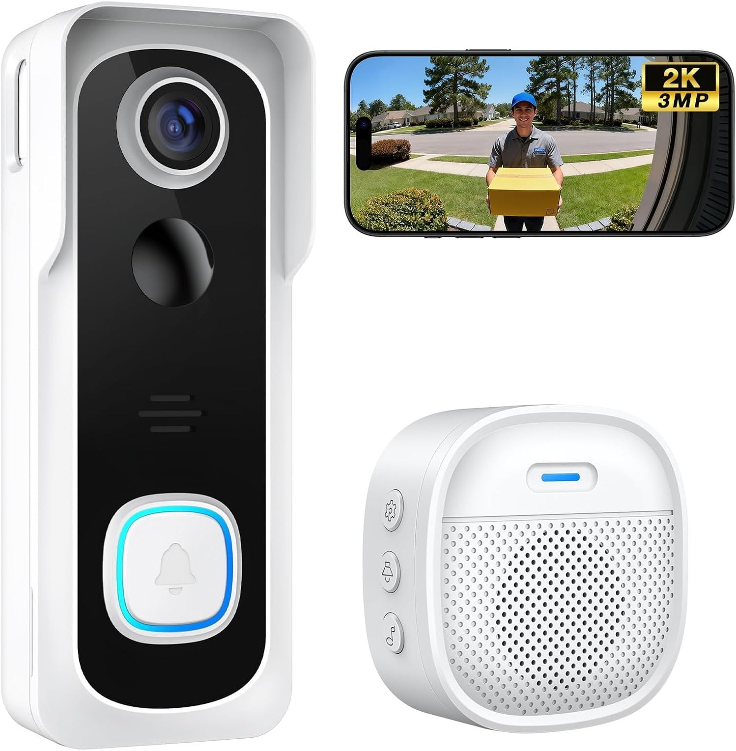 Doorbell Camera No Subscription, 3MP View, 2-Way Talk, PIR Motion Detection, Video Doorbell with Chime, Only Supports 2.4GHz WiFi, Local & Cloud Storage, White