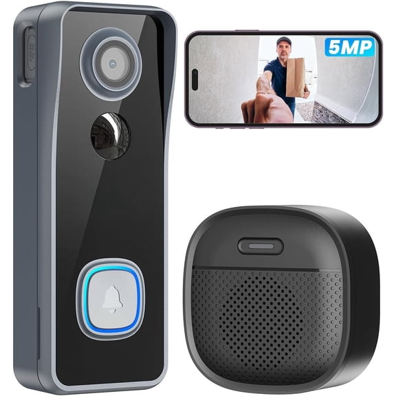 Doorbell Camera No Subscription, 5MP Ultra Clear View Night Vision, PIR Motion Detection, Video Doorbell with Indoor Chime, Local Storage 2-Way Audio, Only 2.4Ghz WiFi, Work with Alexa