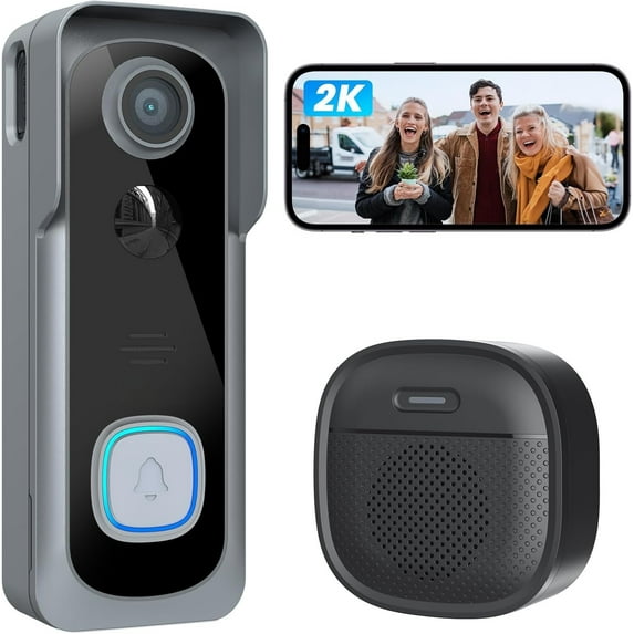 Doorbell Camera No Subscription, Ultra-Wide View, PIR Motion Detection 2-Way Talk, Video Doorbell with Chime, Support Local & Cloud Storage, Only 2.4GHz WiFi, Grey