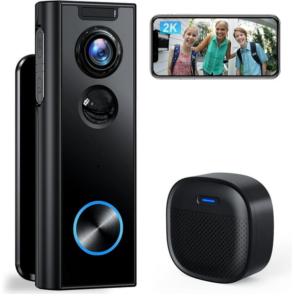 Doorbell Camera Wireless No Subscription, 2K Video Doorbell with Chime, 2-way Audio, Instant Alert, Human Detection, Night Vision, 2.4G Wi-Fi, Works with Alexa and Google Assistant, Indoor Outdoor