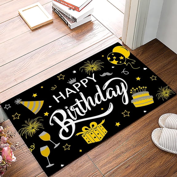Doormat 16x24 Inch Door Mat Happy Birthday Yellow Celebration Black Backdrop Entrance Way Rugs Doormats Soft Non-Slip Bath Rugs Floor Mats For Home Kitchen Bathroom Gift For Women Men