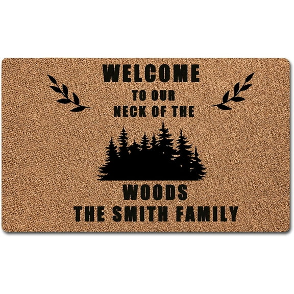 Doormat 16x24 Inch Personalized Family Name Doormat Outdoor Welcome To Our Neck Of The Woods Mat Indoor Rug Machine Washable Non-Slip Rubber Backing Front Door Mat Gift For Women Men
