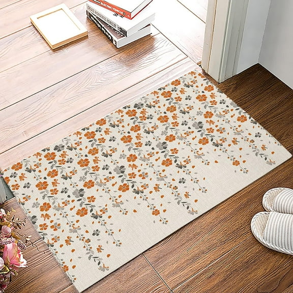 Doormat 17x30 Inch Door Mat Burnt Orange Grey Florals Spring Weeping Flowers Linen Texture Entrance Way Rugs Doormats Soft Non-Slip Bath Rugs Floor Mats For Home Kitchen Bathroom Gift For Women Men