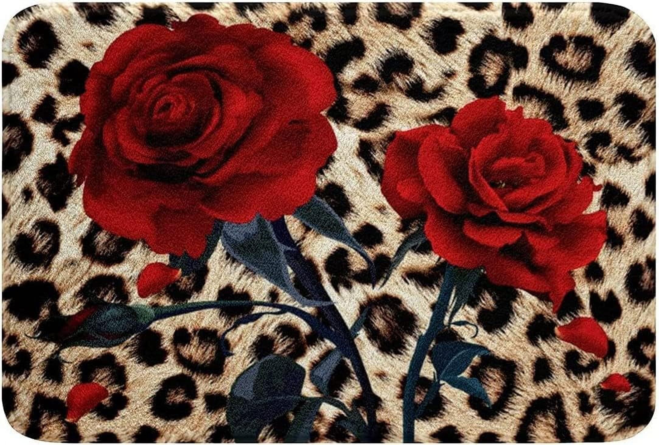 Doormat 17x30 Inch Floor Rug Leopard Print Bath Rugs Rose Flower Bath