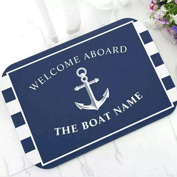 Doormat 3D Printing Chic Nautical Anchor Boat Navy Blue Stripes Personalised Doormat Modern Custom Your Boat Name Rubber Door Mat Rug Carpet Decor-17x30 Inch